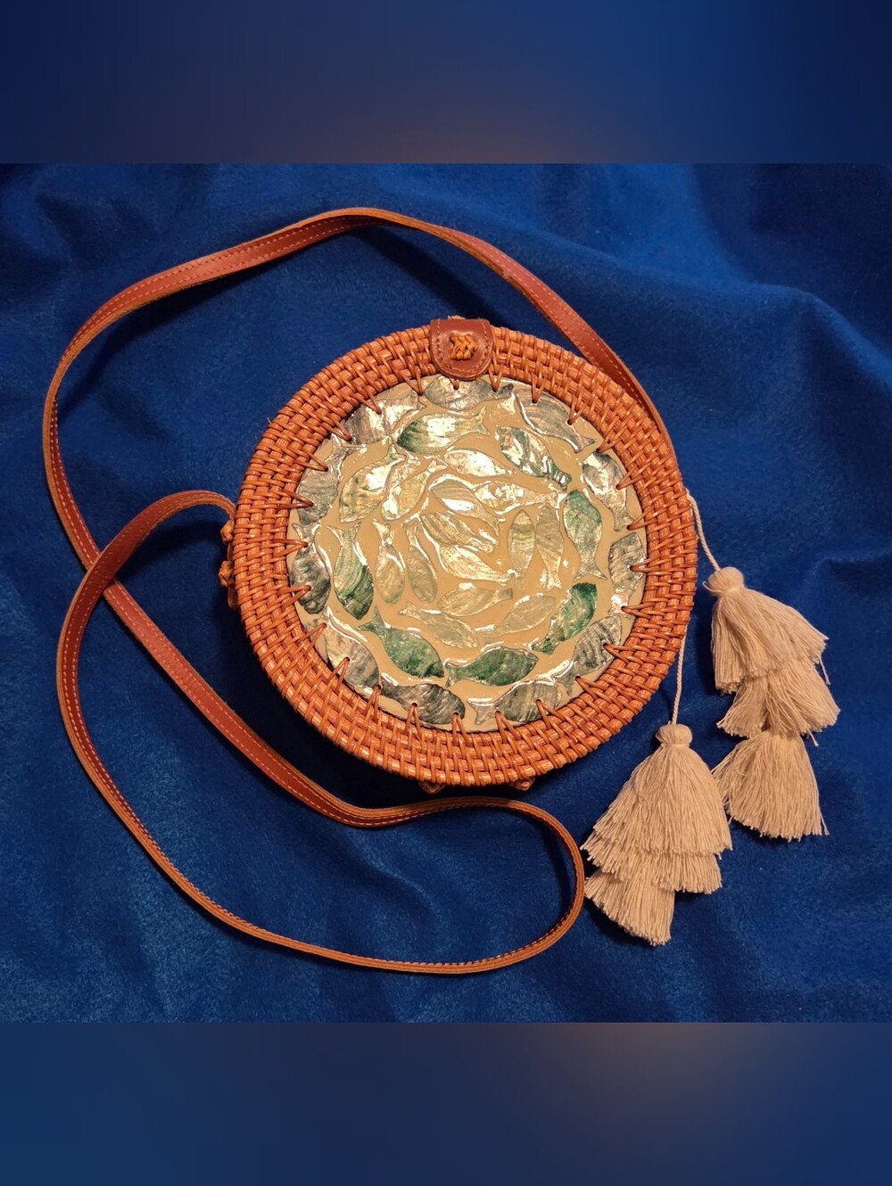 Anthropologie Fish Shell Mosaic Woven Rattan Circle Bag With Tassels New